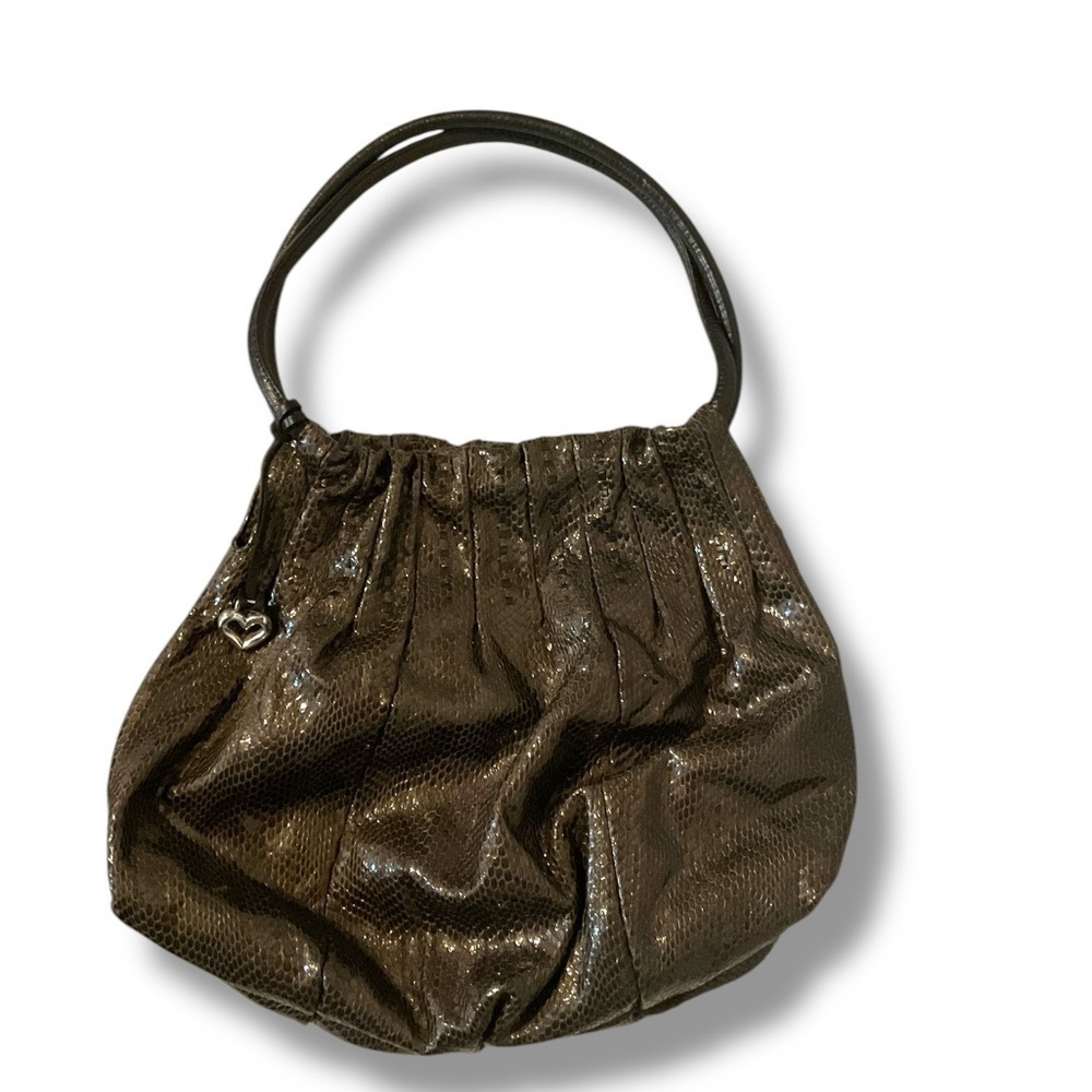 Brighton Bronze Breelan Snake Print Pleated Leather Shoulder Bag Large